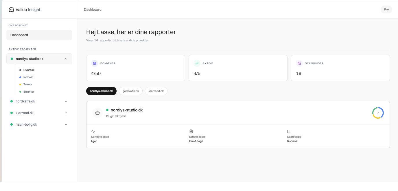 Valido Insight-dashboard med projektoversigt, scanninger og seneste rapportaktivitet for eksempelprojektet nordlys-studio.dk